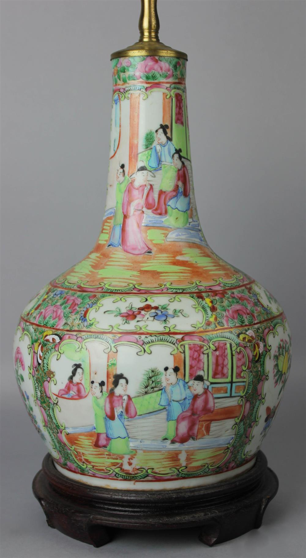 Appraisal: CHINESE EXPORT ROSE MEDALLION BOTTLE VASE NOW FITTED AS A