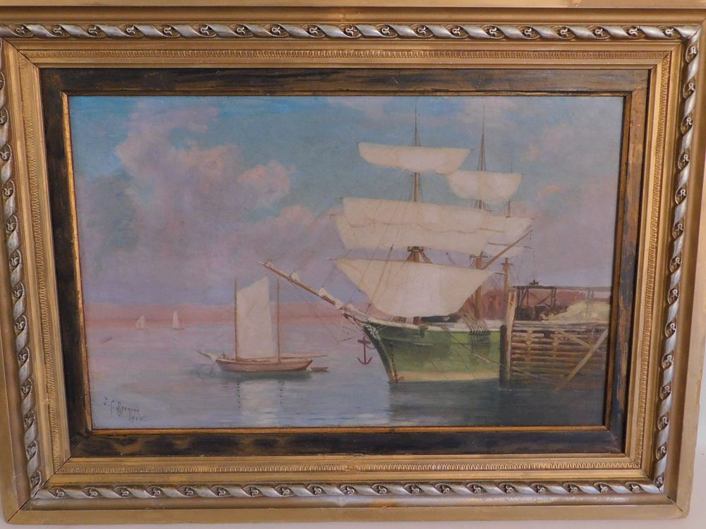 Appraisal: JC SPENCER PAINTING SHIPS MAINE HARBOR Oil on canvas depicting