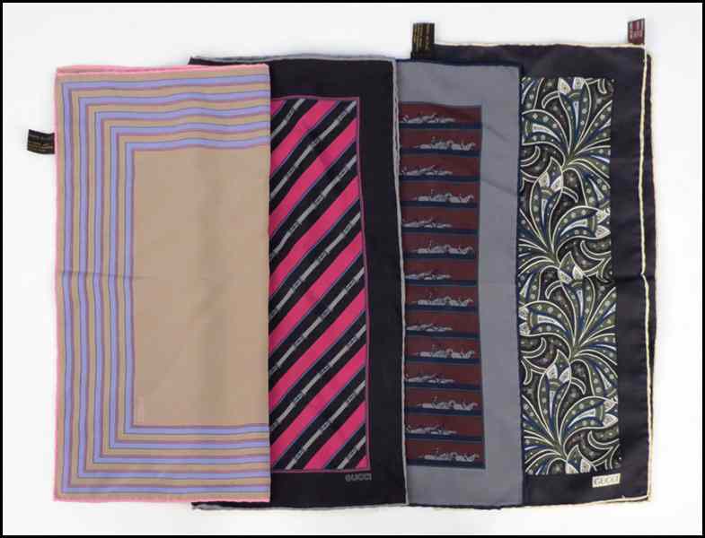 Appraisal: FOUR GUCCI SILK POCKET SQUARES '' x '' Condition No