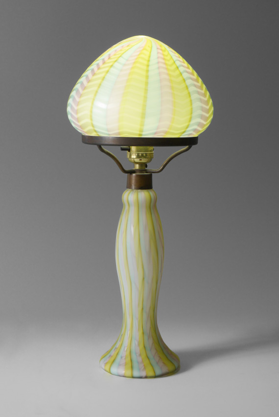 Appraisal: RAINBOW HERRINGBONE SATIN GLASS LAMP Original mushroom shaped shade Lamp