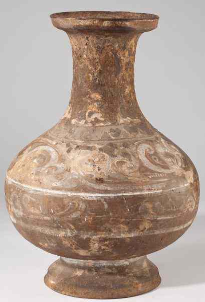 Appraisal: Han Dynasty Painted Pottery Storage Vesselpear form with incised bands