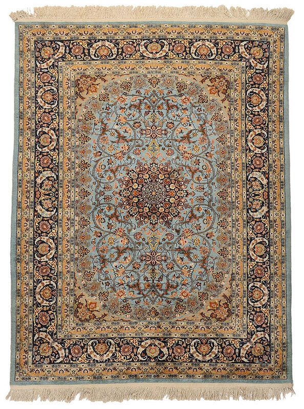 Appraisal: Kashmir Silk Rug th century blue field round central medallion