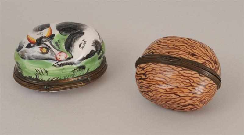 Appraisal: TWO ENAMELED SNUFF BOXES The one with recumbent cow and