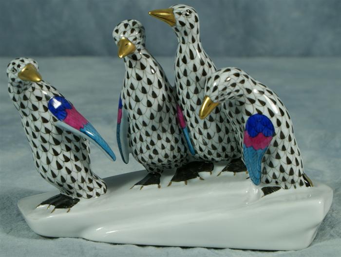 Appraisal: Herend fishnet figurine four black penguins high no damage Estimate