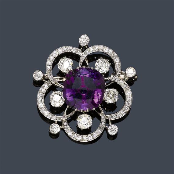 Appraisal: AMETHYST AND DIAMOND BROOCH ca Silver over red gold rhodinized