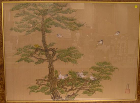 Appraisal: Oriental watercolor on silk birds in pine tree signature and