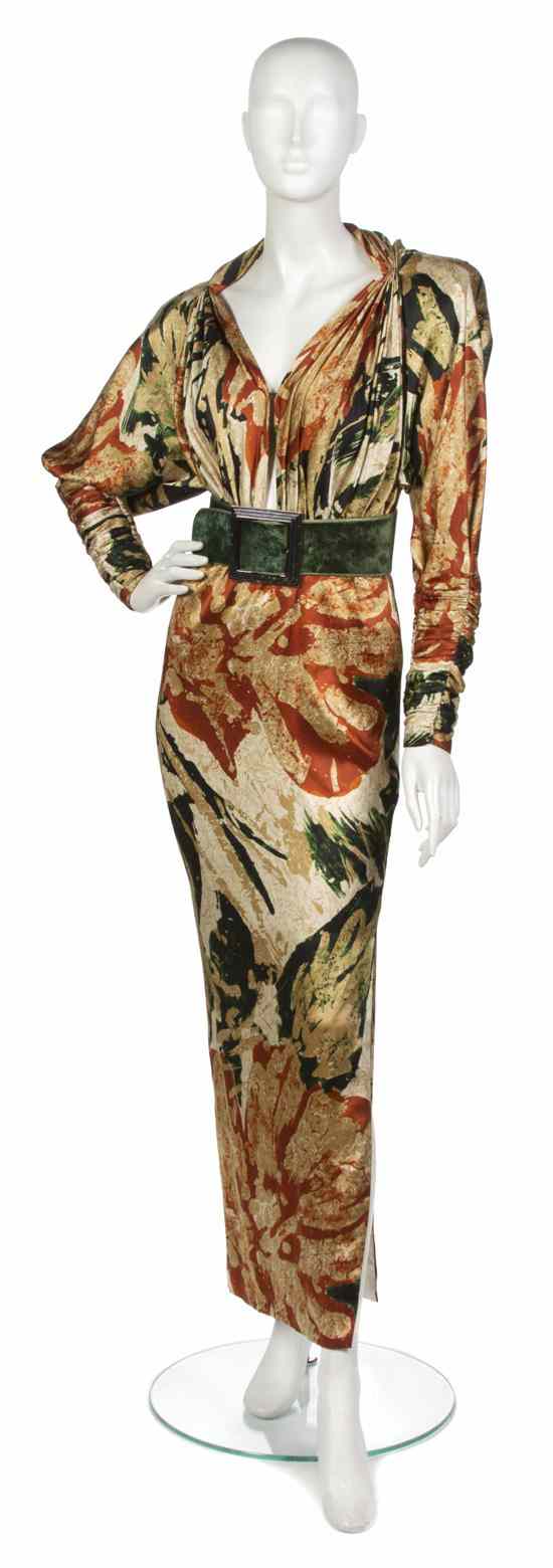 Appraisal: A Galanos Printed Silk Evening Gown ruched long sleeves and