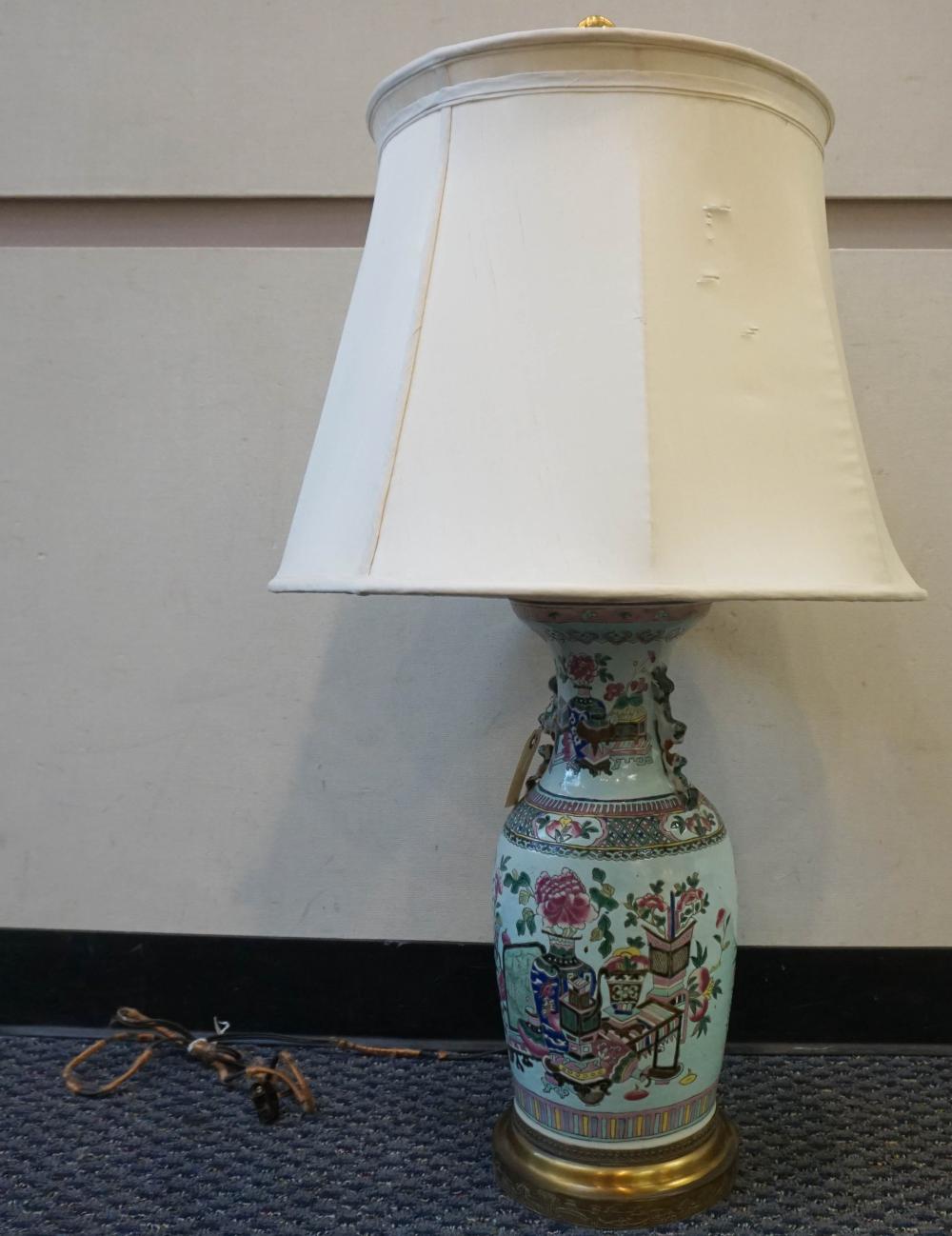 Appraisal: Chinese Famille Rose Two Handle Vase Mounted as Lamp Height