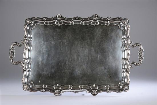 Appraisal: SILVER PLATED SERVING TRAY Rectangular form stepped flaring border with