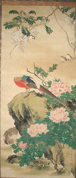 Appraisal: After Komai Genki Birds and flowers Hanging scroll ink and