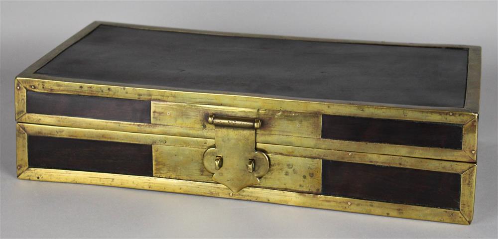 Appraisal: CHINESE BRASS-BOUND HARDWOOD DOCUMENT BOX WITH CALLIGRAPHIC INSCRIPTION QING DYNASTY