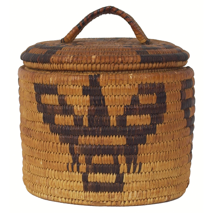 Appraisal: American Indian basket circular form with lid featuring a bird