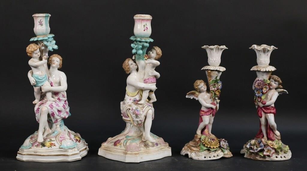 Appraisal: PAIRS FIGURAL GERMAN PORCELAIN CANDLESTICKS pairs German porcelain candlesticks Pair