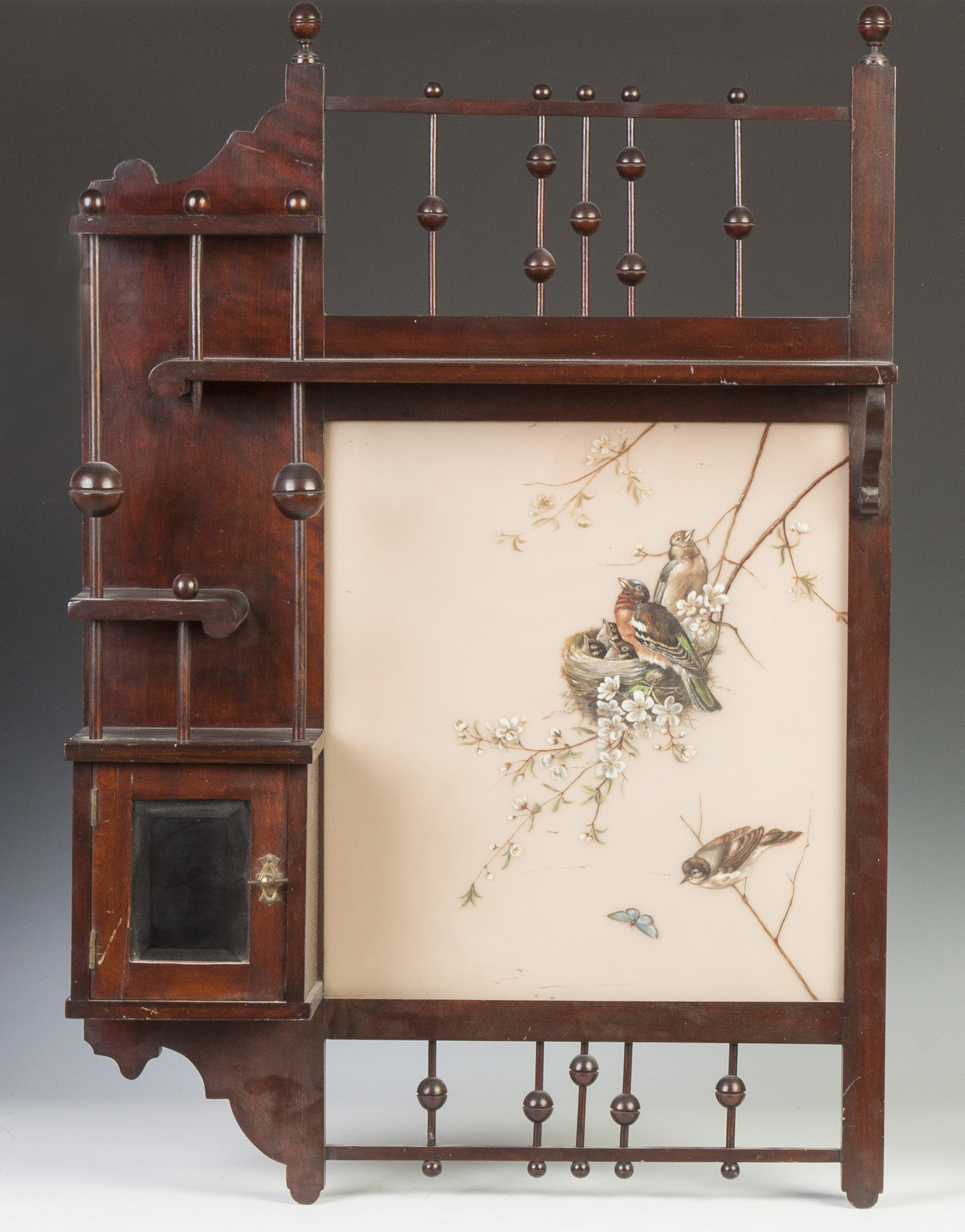 Appraisal: Victorian Mahogany Stick Balls Hanging Shelf Hand painted robins butterfly