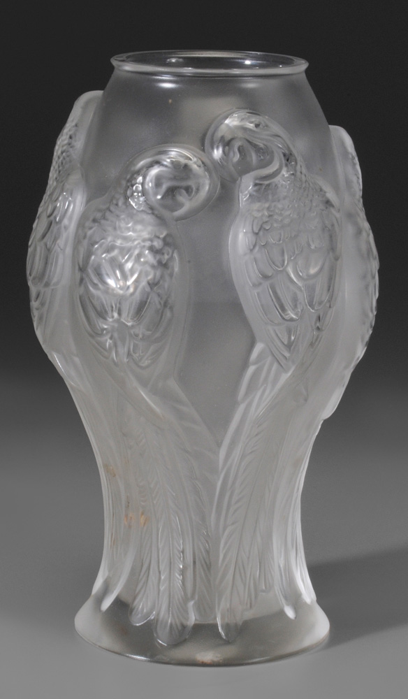 Appraisal: Lalique Frosted Glass Parrot Vase French late th century base