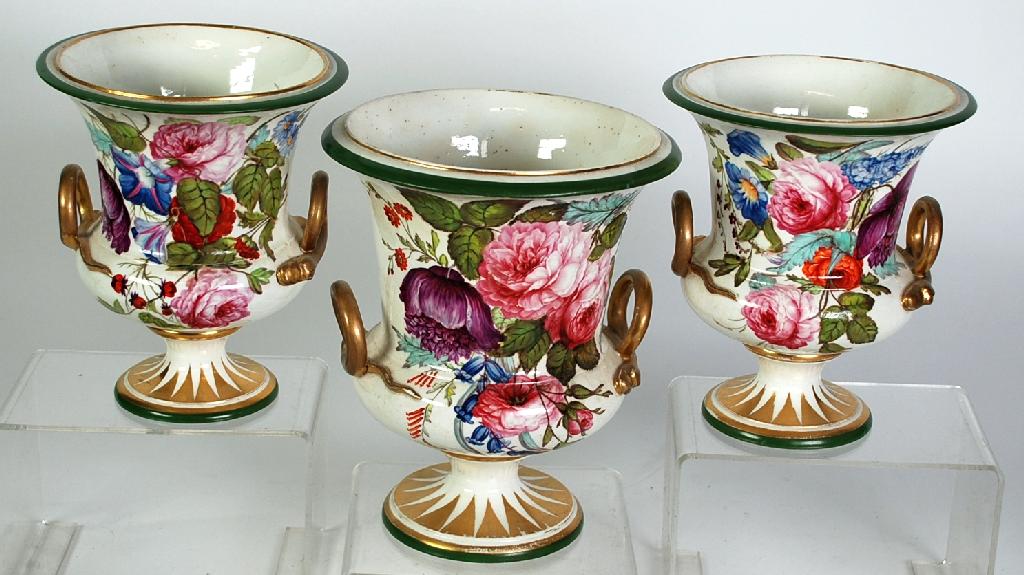 Appraisal: GARNITURE OF THREE NINETEENTH CENTURY HAND PAINTED DERBY PORCELAIN VASES