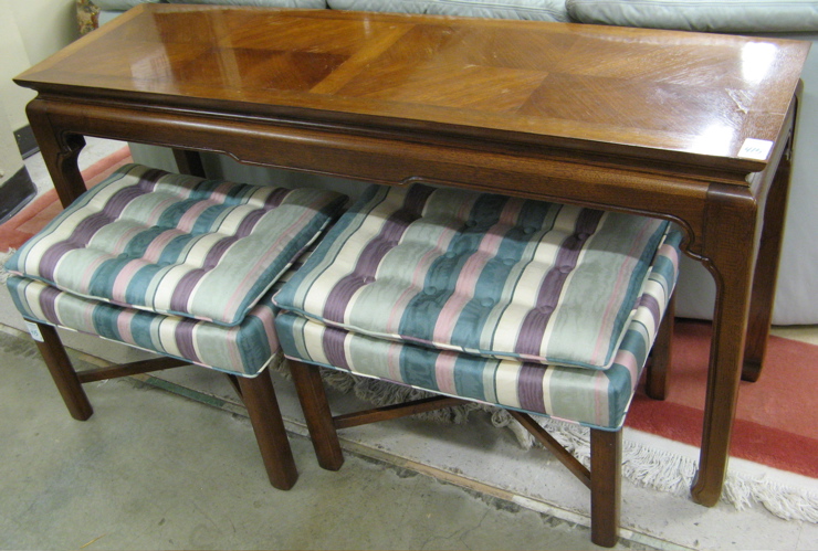 Appraisal: SOFA TABLE AND A PAIR OF STOOLS Mystic II Chinese-style