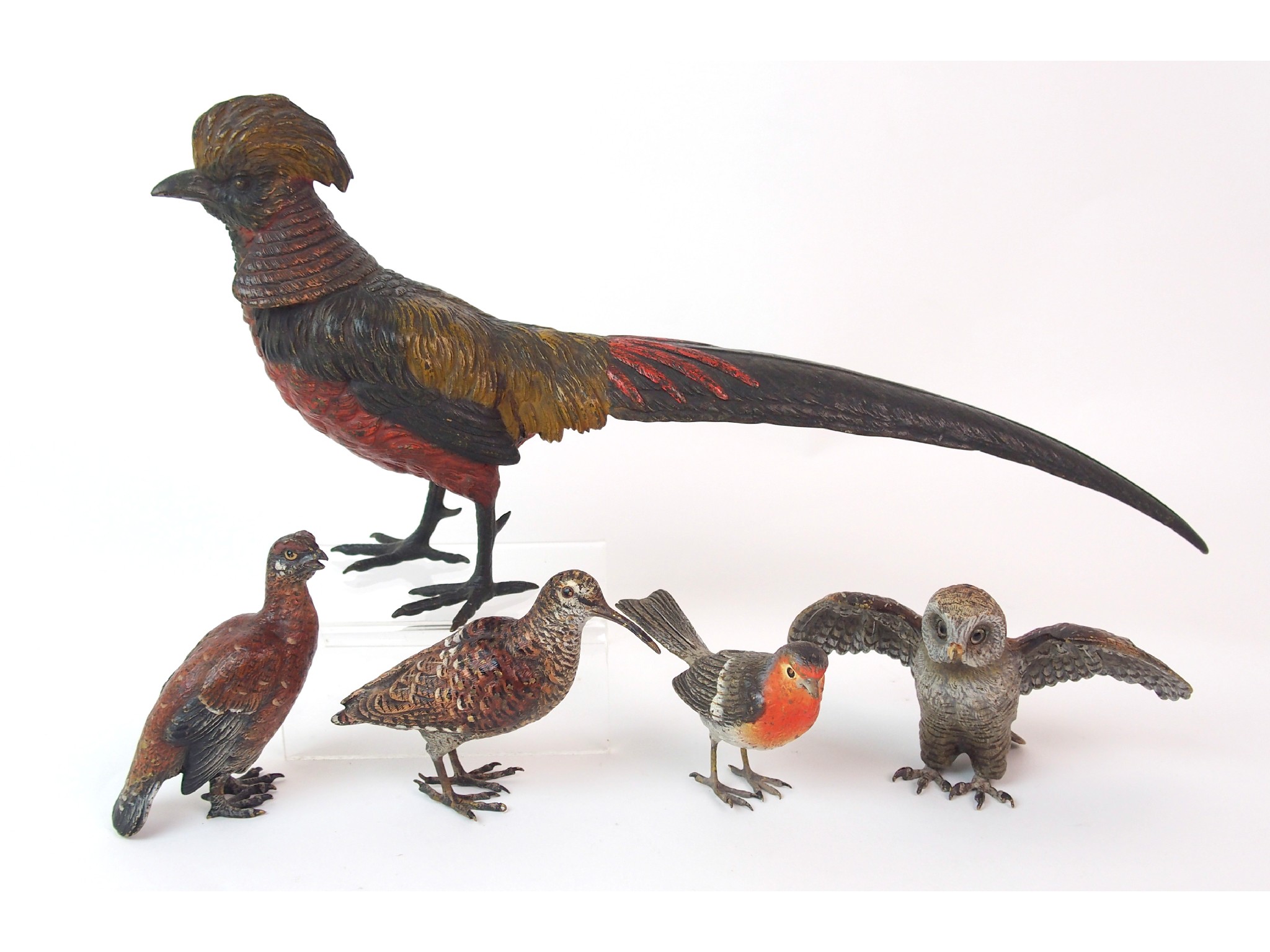 Appraisal: Five cold painted bronze figures of birds likely AustrianEarly th