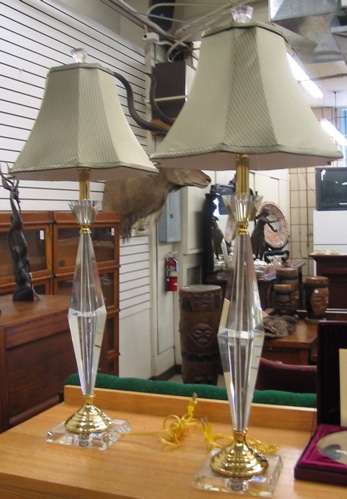 Appraisal: PAIR CRYSTAL SHAPED TABLE LAMPS brass mounted with matching lined