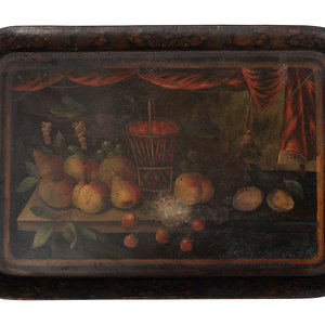 Appraisal: A Hand-Painted Tole Tray with Fruit Decoration th Century Length