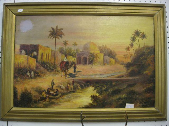 Appraisal: Victorian Oil on Canvas Arabic landscape with family along the