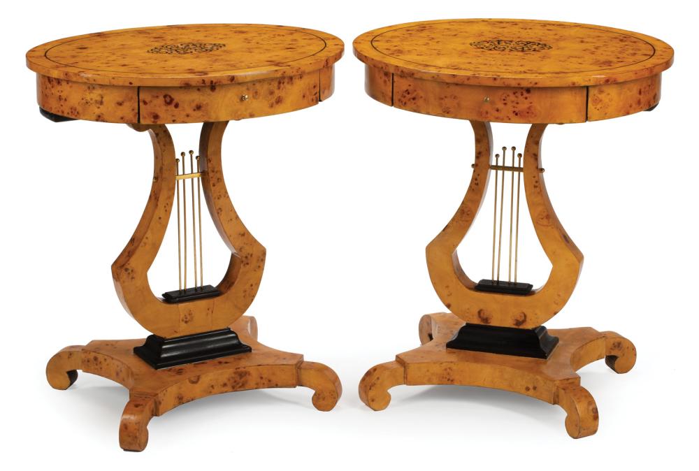 Appraisal: Pair of Charles X-Style Ebonized and Stenciled Burled Maple Tables