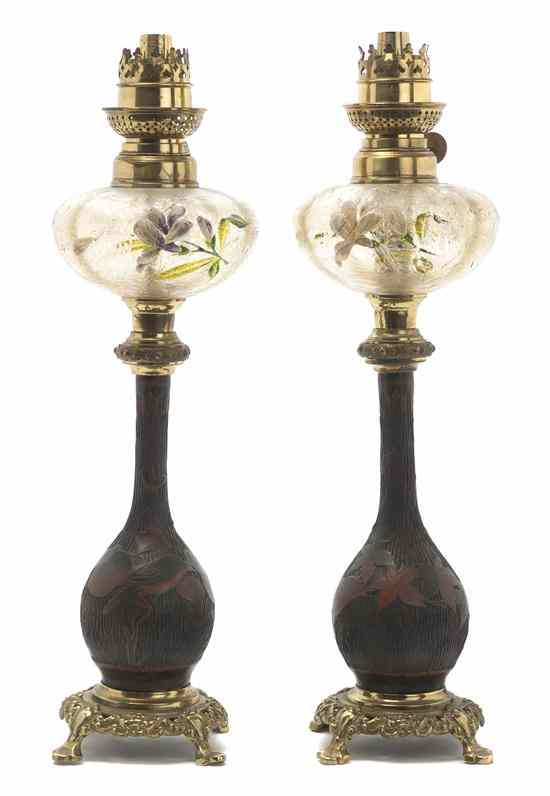 Appraisal: A Pair of Continental Enameled and Cameo Cut Table Lamps