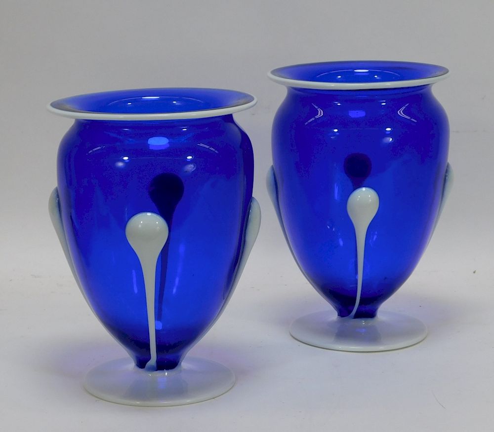 Appraisal: PR Blue White Bohemian Tadpole Art Glass Vases PR Blue