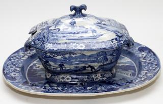 Appraisal: STAFFORDSHIRE STYLE PORCELAIN TUREEN AND PLATTER STAFFORDSHIRE STYLE BLUE AND