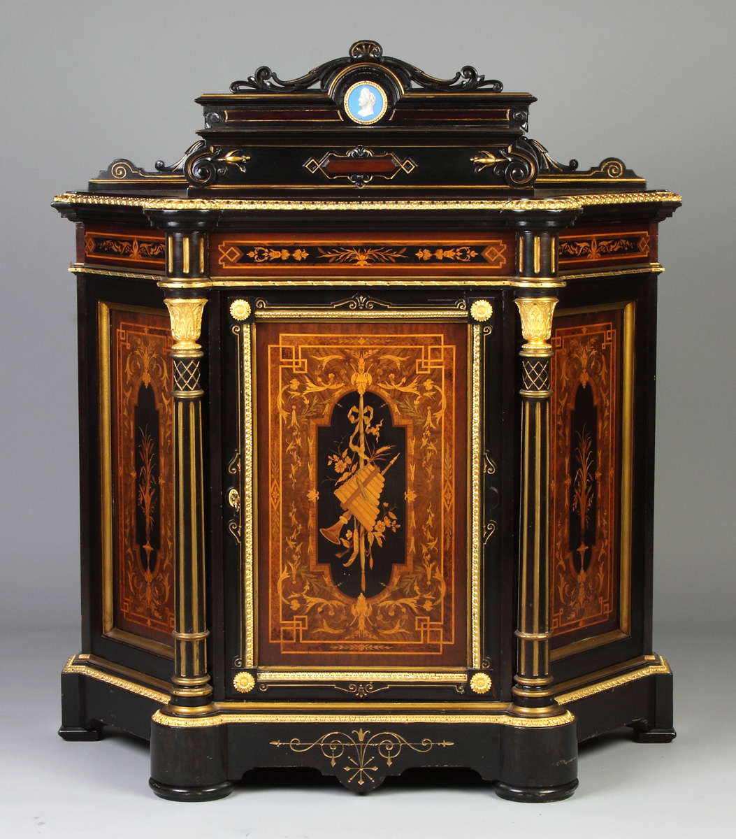 Appraisal: New York Ebonized Side Cabinet with Inlaid Panels Attr To