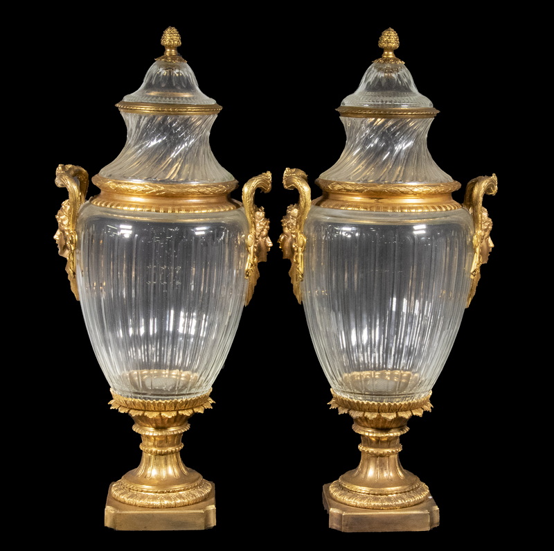 Appraisal: PR FRENCH CRYSTAL URNS Pair of Bronze Mounted Cut Crystal