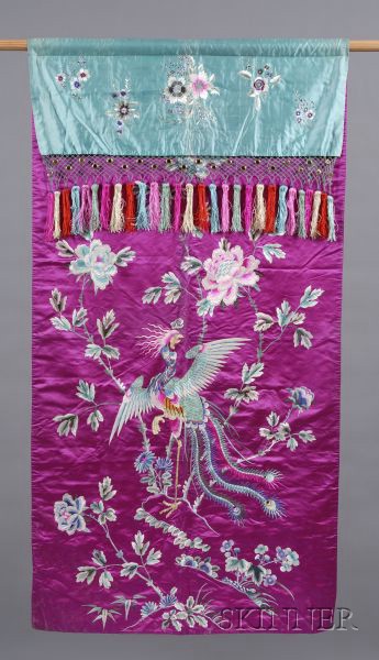 Appraisal: Embroidered Panel China early th century magenta silk with a