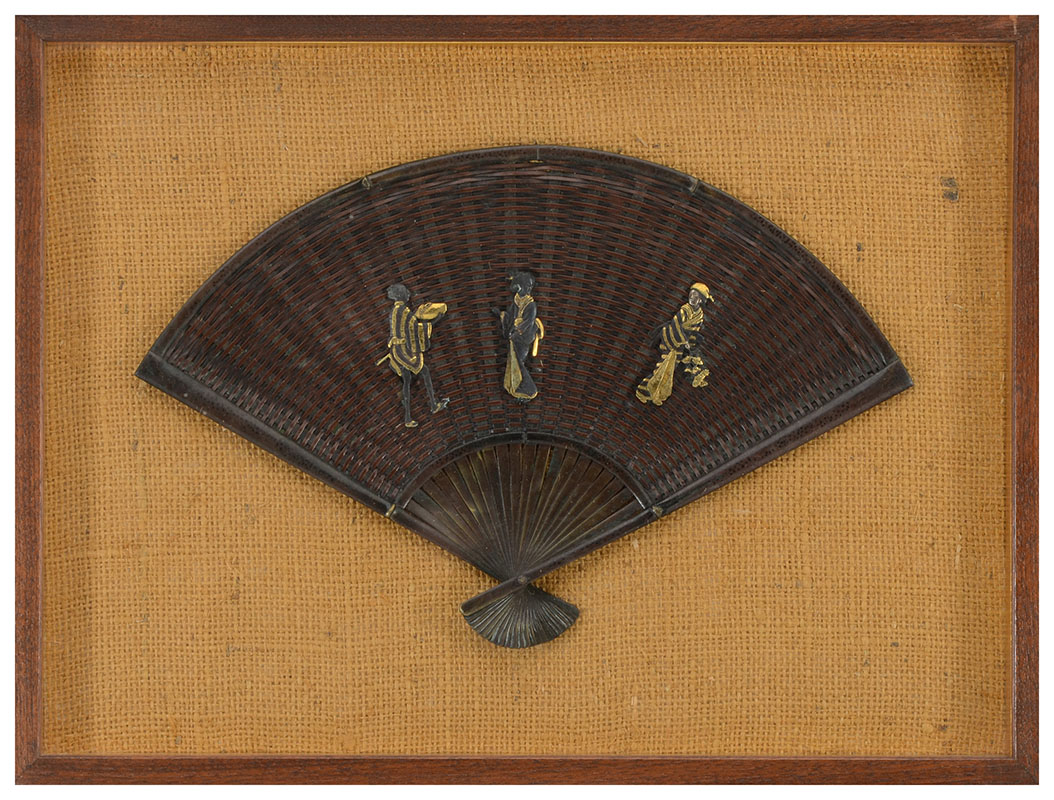 Appraisal: SIGNED JAPANESE BRONZE FAN Bronze framework with woven plant fiber