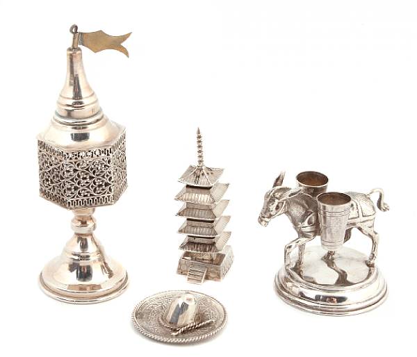 Appraisal: A group of eight silver novelty items Comprising sterling hexagonal