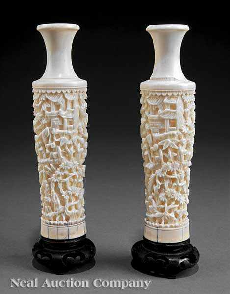 Appraisal: A Pair of Chinese Ivory Vases tapering cylindrical bodies with