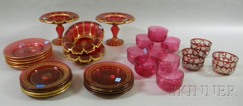 Appraisal: Thirty-three Pieces of Gilt and Etched Decorated Ruby and Cranberry