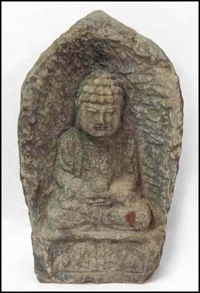 Appraisal: CARVED STONE BUDDHA Raised on a foo dog form base