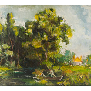 Appraisal: Anthony Thieme American - Riverscape with Cottage oil on canvas