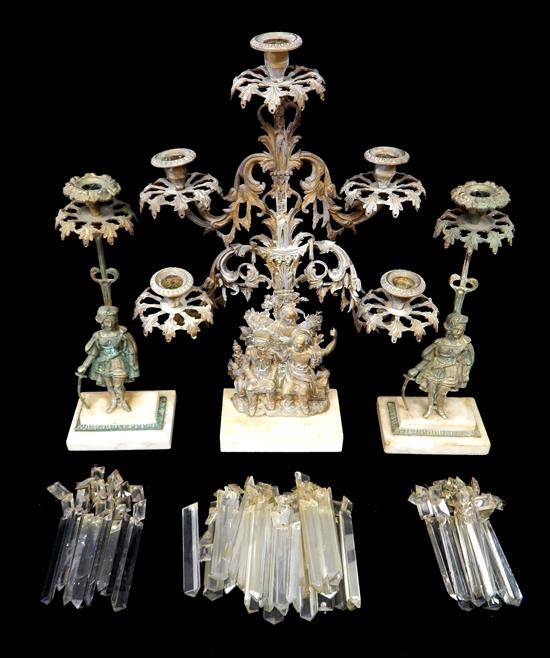 Appraisal: Brass girandoles three pieces with detached crystals pair with Columbus