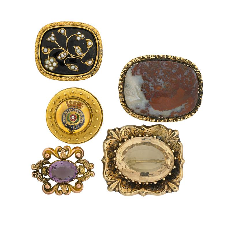 Appraisal: FIVE GEORGIAN OR VICTORIAN BROOCHES Faceted oval citrine embossed and