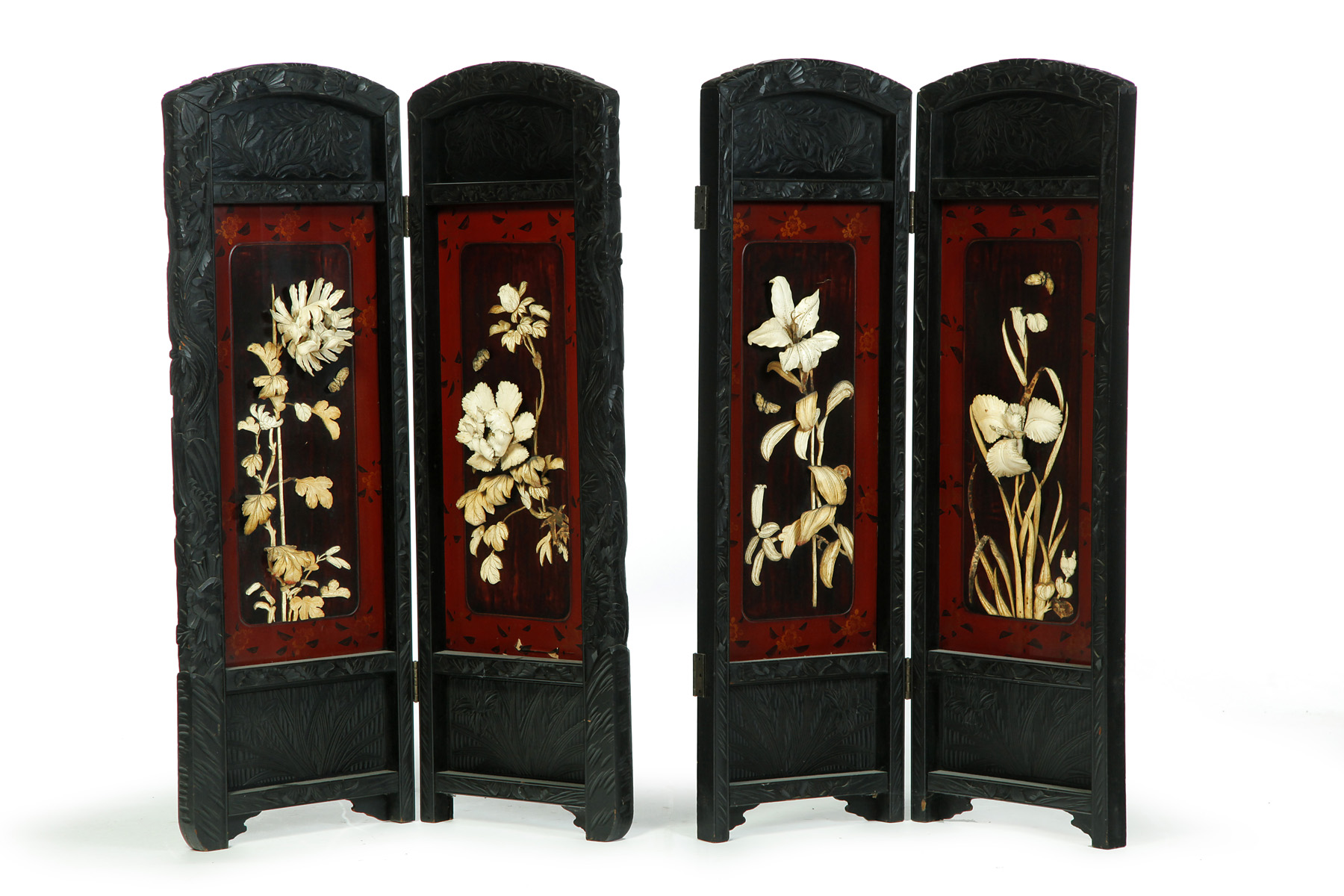 Appraisal: CARVED CHINESE EXPORT SCREEN Early th century Four-part floral carved