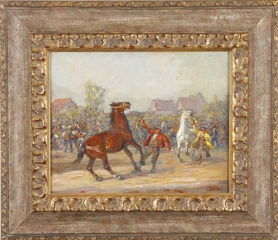 Appraisal: Horses with trainers and crowd oil on canvas x SLR