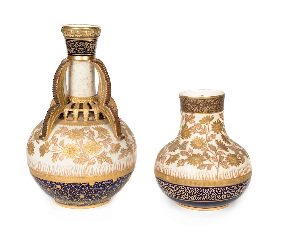 Appraisal: Two American Aesthetic Gilt-Decorated Earthenware Vases Two American Aesthetic Gilt-Decorated