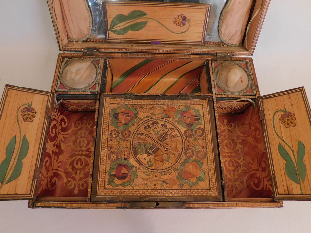 Appraisal: SUPERB STRAW WORK INLAID DRESSER BOX An elaborately inlaid straw-work