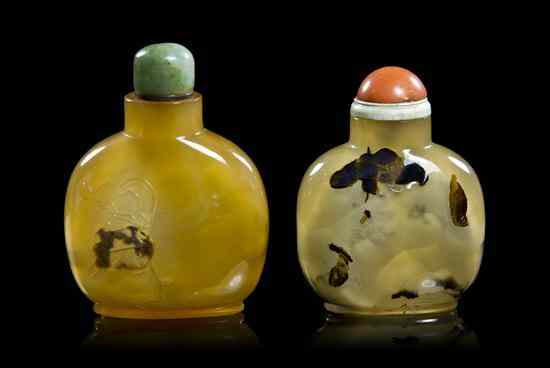 Appraisal: A Group of Two Agate Snuff Bottles the first having