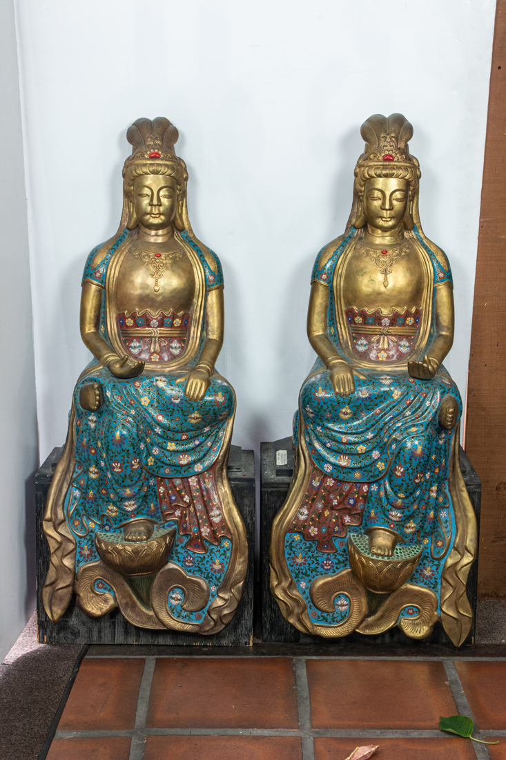 Appraisal: PAIR OF GILT BRONZE AND CLOISONNE ENAMEL GUANYIN FIGURES Pair