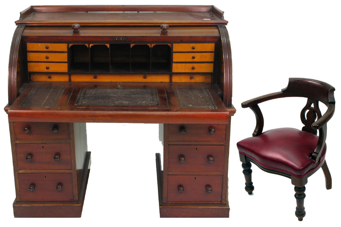 Appraisal: VICTORIAN MAHOGANY CYLINDER-ROLL DESK AND CHAIR English last quarter of