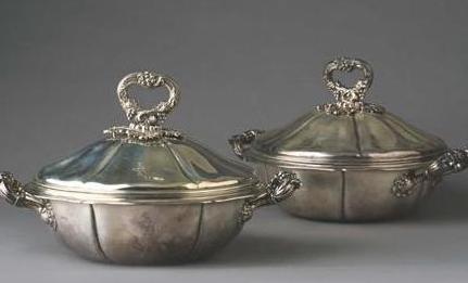 Appraisal: PAIR OF FRENCH SILVER ARMORIAL SERVING DISHES LINERS AND COVERS