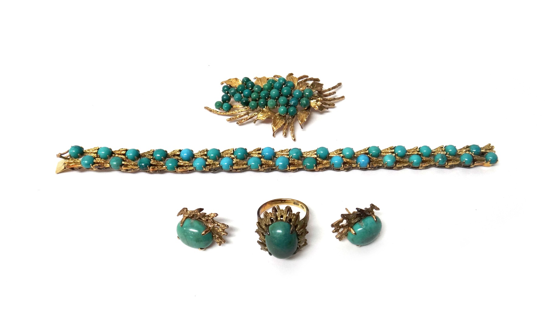 Appraisal: A gold and turquoise set bracelet in a two row