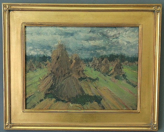 Appraisal: Oil on board painting of haystacks in a field and